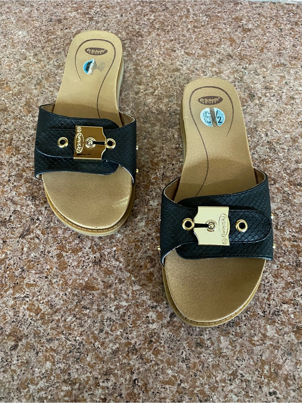 Dr. Scholl's Black Slide Mules with Gold Hardware